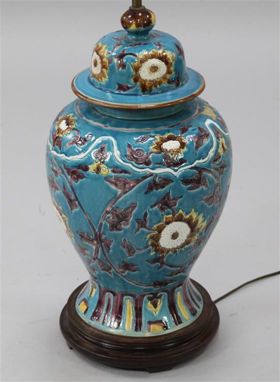 A Chinese fahua-decorated lamp base, 97cm to fitting, silk shade